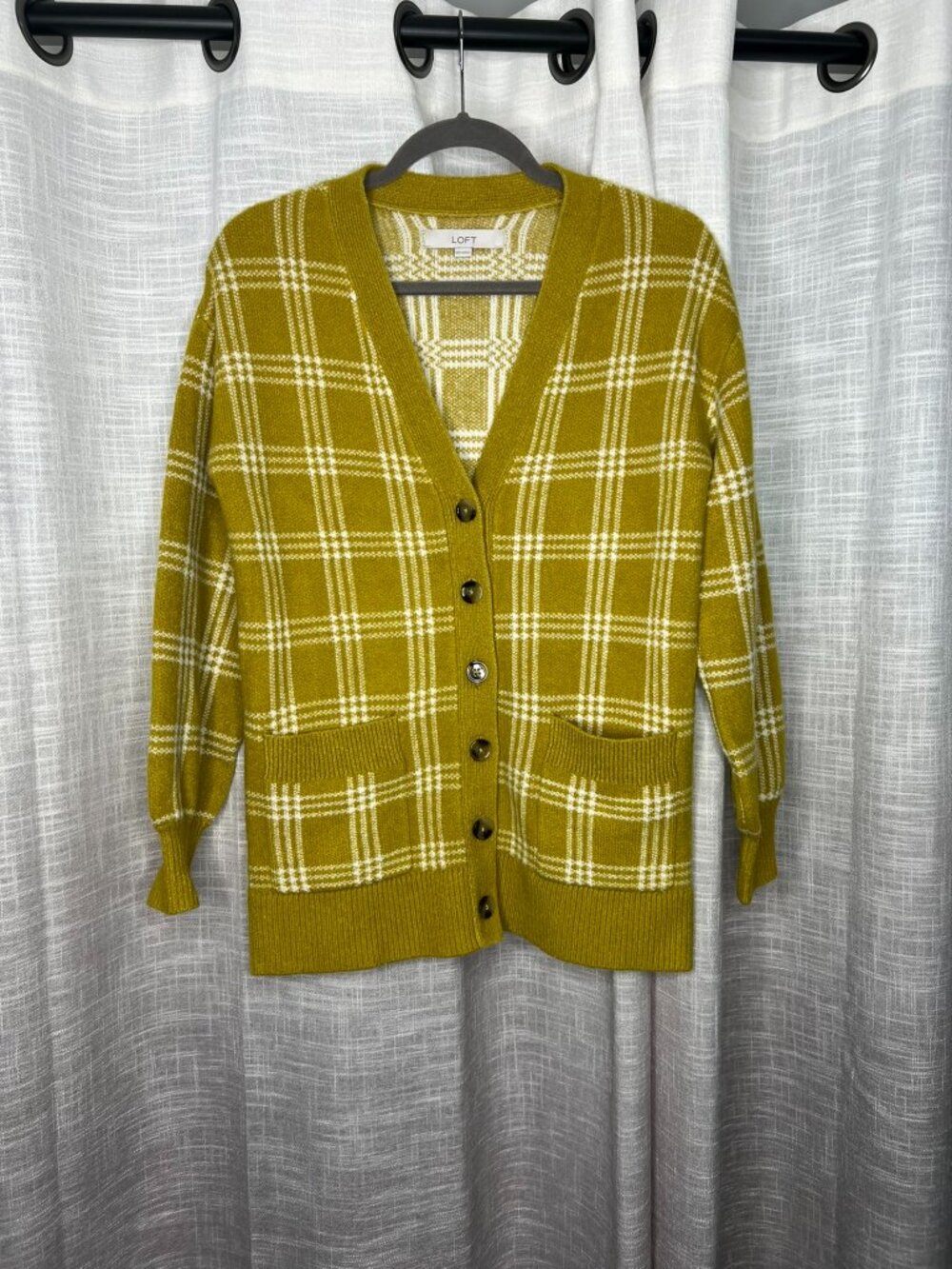 Loft Yellow and White Plaid Knitted Cardigan